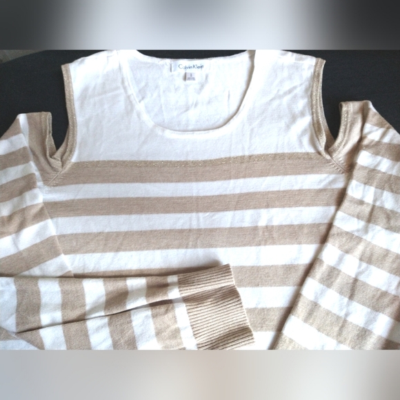 CALVIN KLEIN WOMEN'S MISSES SIZE LARGE BEIGE & WHITE STRIPES COLD SHOULDER TOP - Picture 12 of 12